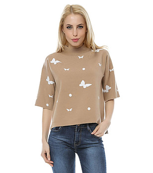 Бежова дамска блуза с принт снимка