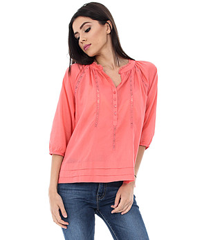 Дамска памучна блуза в цвят корал снимка