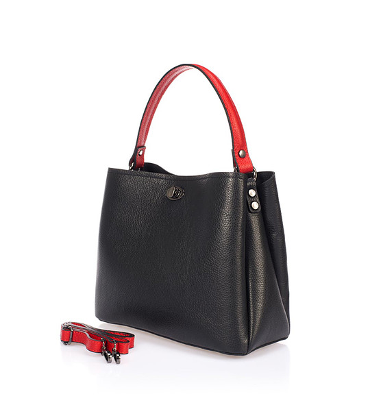 Черна кожена чанта с червени дръжки Daria снимка