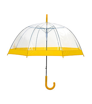 Прозрачен чадър с жълт кант при основата снимка