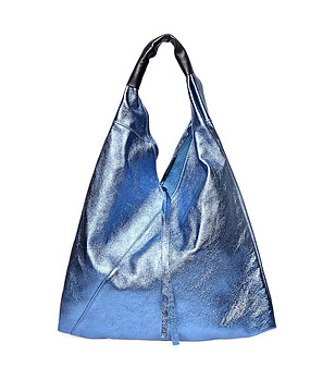 Дамска мека трапецовидна чанта от естествена кожа в син металик Vanessa снимка