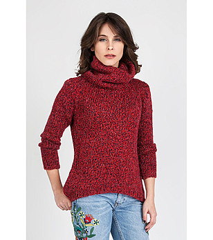 Дамски плетен пуловер в меланж на цвят бургунд и черно Eva снимка