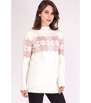 Дамски дълъг плетен пуловер в цвят екрю и розово Rada снимка