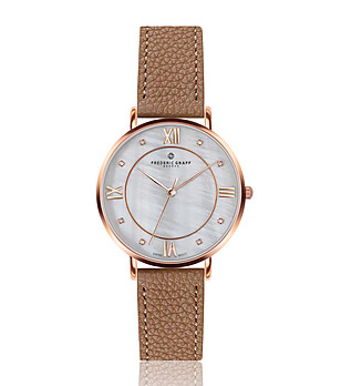 Дамски розовозлатист часовник със светлокафява кожена каишка Liskamm снимка
