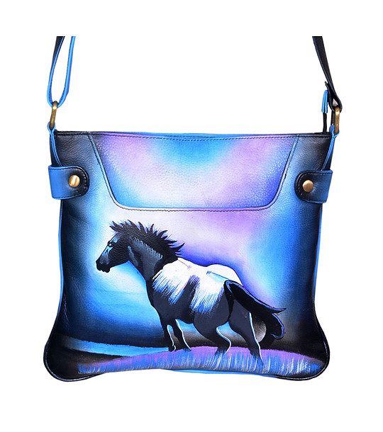 Дамска ръчно изрисувана чанта в сини нюанси Horse снимка
