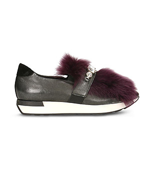 Дамски кожени сиви обувки с лилав пух и кристали Olivia снимка
