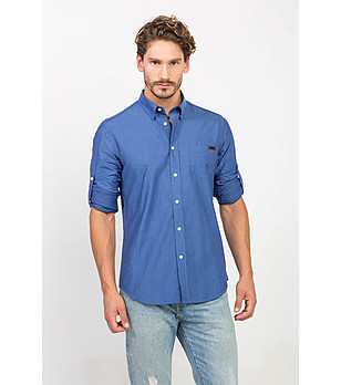 Синя памучна мъжка риза с фигурален принт Elvin снимка