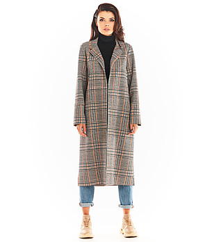 Дамско дълго палто на каре в тъмносиньо Iolanda снимка