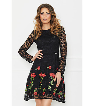 Черна памучна рокля с флорални бродерии Orphelia снимка