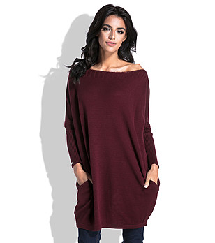 Плетен дамски дълъг пуловер в цвят бургунд Eve снимка