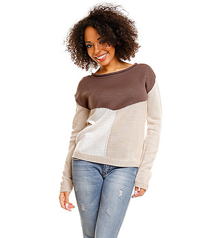 Дамски пуловер в кафяво, бежово и бяло Kanira снимка