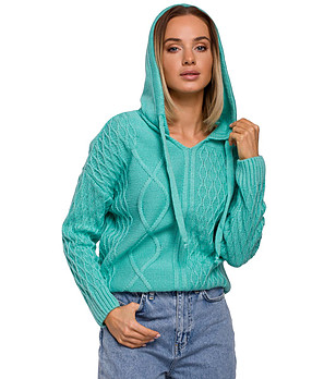 Дамски пуловер с качулка в цвят аквамарин Esmeralda снимка