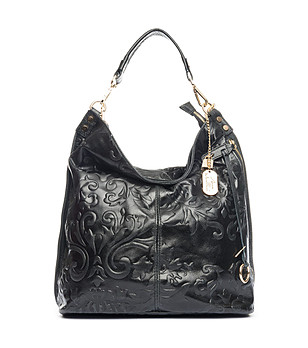 Черна чанта от естествена кожа с флорални мотиви Samira снимка