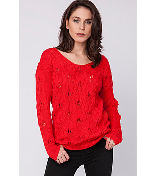 Дамски червен ажурен пуловер с памук Oriha снимка