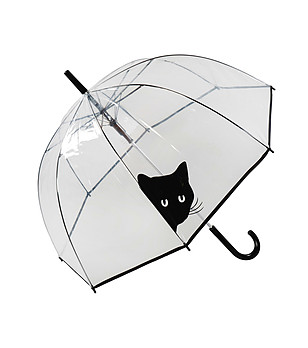 Прозрачен куполообразен чадър с черен принт Любопитно коте снимка
