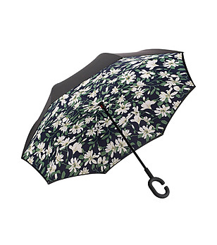 Черен дамски чадър с принт Водни лилии снимка