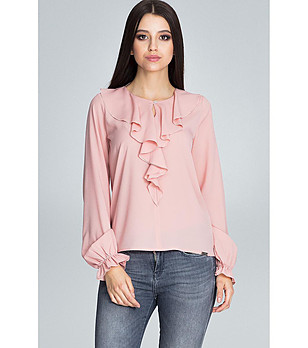 Дамска блуза в розов нюанс с къдрички Elodie снимка