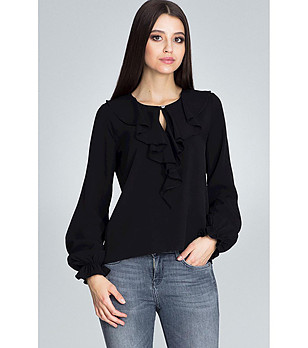 Дамска блуза в черно с къдрички Elodie снимка