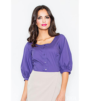 Дамска памучна риза с буфан ръкави в цвят индиго Mishele снимка