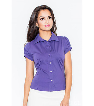 Дамска памучна риза с къси ръкави в цвят индиго Sandra снимка