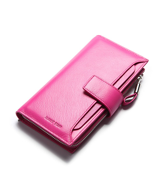 Правоъгълен дамски кожен портфейл в цвят циклама снимка