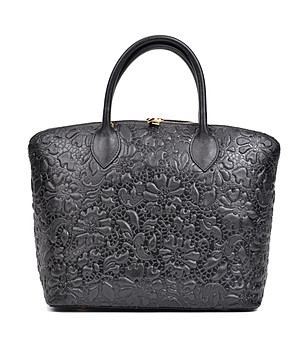 Черна дамска чанта от естествена кожа с релеф Dolores снимка