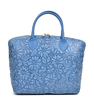Синя дамска чанта от естествена кожа с релеф Dolores снимка