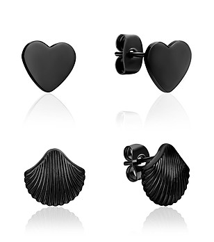 Комплект от 2 чифта черни обеци Shell and heart снимка