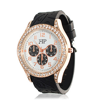 Черен дамски часовник с декорация с кристали снимка