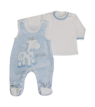 Бебешки син памучен комплект от блуза и гащеризон за момче снимка