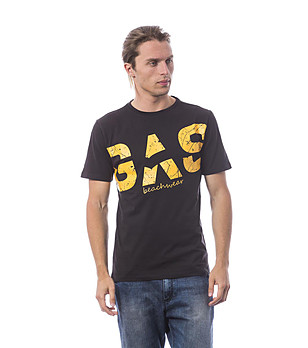 Мъжка памучна тениска Bruno в черно с жълта щампа снимка