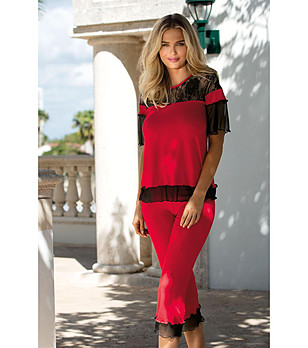 Червена дамска пижама с черна дантела Manuela снимка
