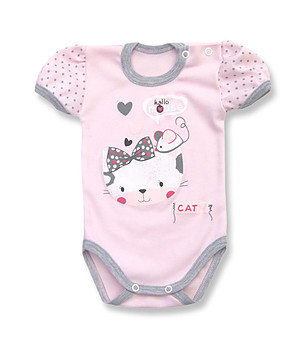 Бебешко памучно боди в розово и сиво с щампа Hallo cat снимка