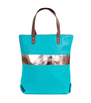 Дамска чанта в цвят тюркоаз с кант в меден нюанс снимка