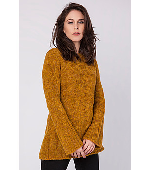 Дълъг дамски пуловер в цвят горчица Muria снимка