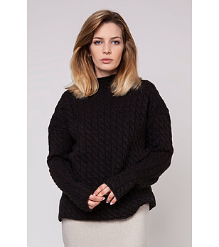 Черен дамски пуловер с релефни плетеници Livia снимка
