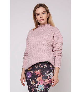 Розов дамски пуловер с релефни плетеници Livia снимка