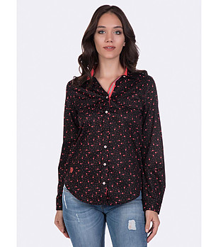 Черна памучна дамска риза с принт в червено Ness снимка