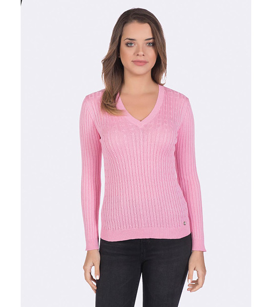 Дамски пуловер в розово с плетеници Ardelia снимка