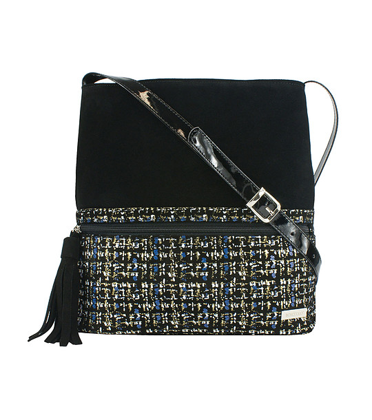 Дамска чанта от туид и велур в черно, бежово и тъмносиньо Derica снимка