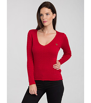 Дамски пуловер в червено с плетеници Ismena снимка