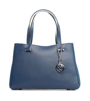 Елегантна синя дамска чанта от естествена кожа Timea снимка