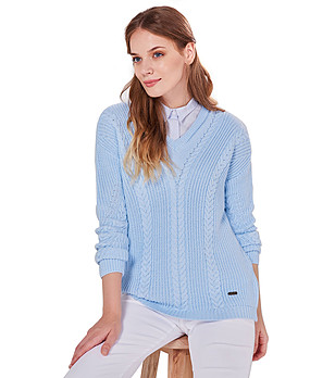 Светлосин дамски пуловер с V-образно деколте Cammie снимка