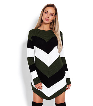 Дамски дълъг пуловер в тъмнозелено, черно и бяло Adelita снимка