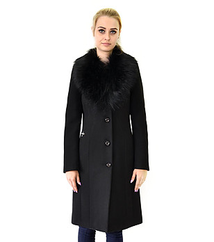 Вълнено черно палто с яка с косъм Lornita снимка