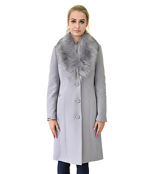 Вълнено светлосиво дамско палто с яка с косъм Lornita снимка