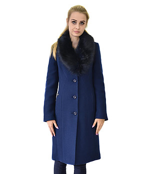 Дамско вълнено синьо палто с яка в черно Lornita снимка