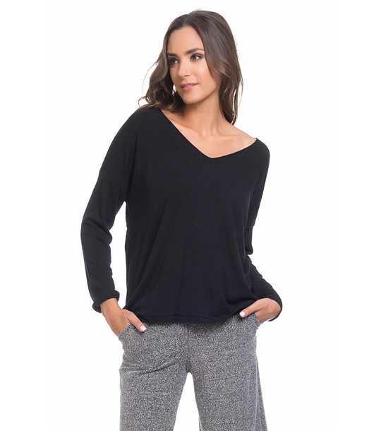 Дамски пуловер с V-образно деколте Salina в черно снимка