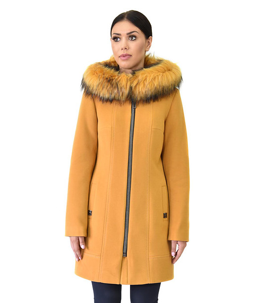 Дамско вълнено палто в цвят горчица с пух Alva снимка