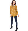 Дълъг дамски пуловер с ажурена плетка в цвят горчица-3 снимка